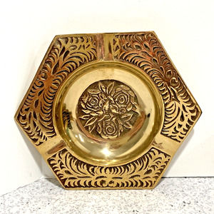 Vintage embossed brass ashtray trinket dish Korean tobacciana golden Asian decor